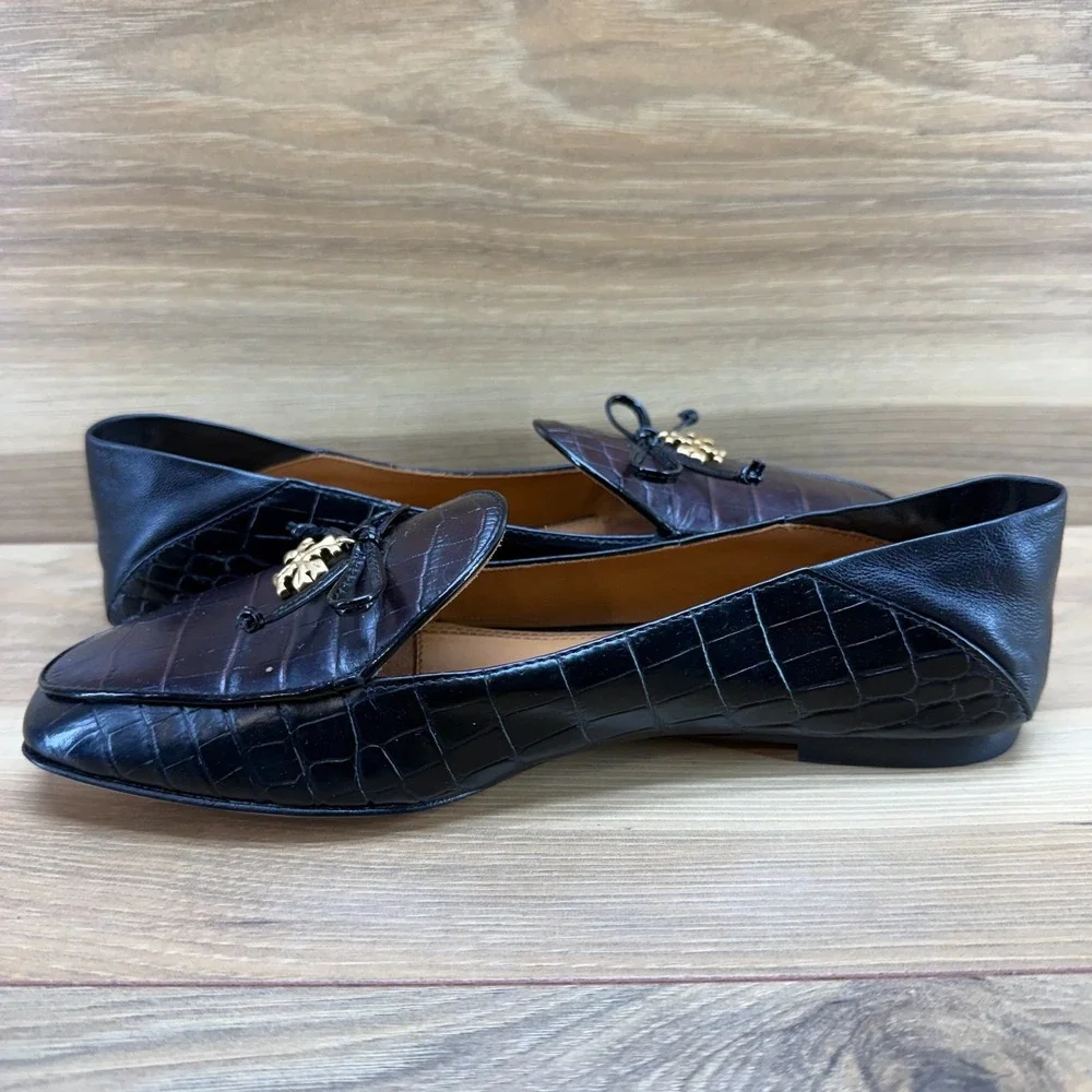Tory Burch Charm Loafer 6 M Cocoa Croc Black Leather Bow Slip On Convertible